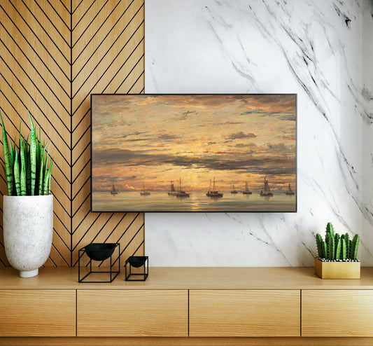 Sunset at Scheveningen- A Fleet of Fishing Vessels at Anchor, 1894